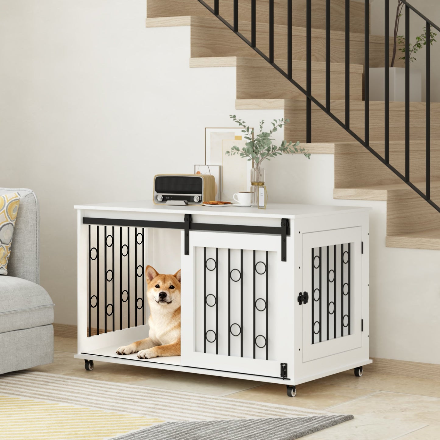 Modern Wooden Dog Crate Furniture with Sliding Barn Door – MDF Indoor