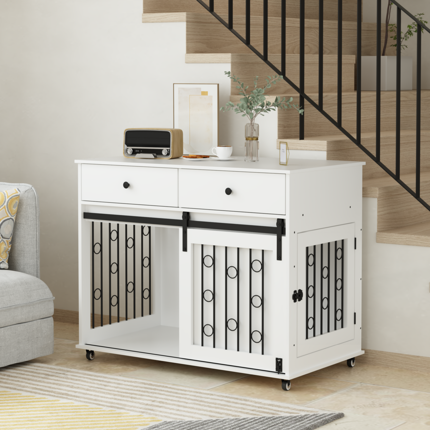 Modern Wooden Dog Crate Furniture with Sliding Barn Door – MDF Indoor
