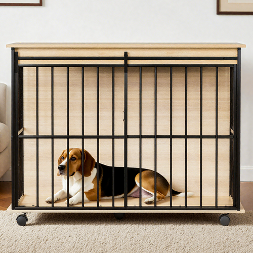 Large Wooden Dog Crate Furniture with Tray , Indoor Pet Kennel Side