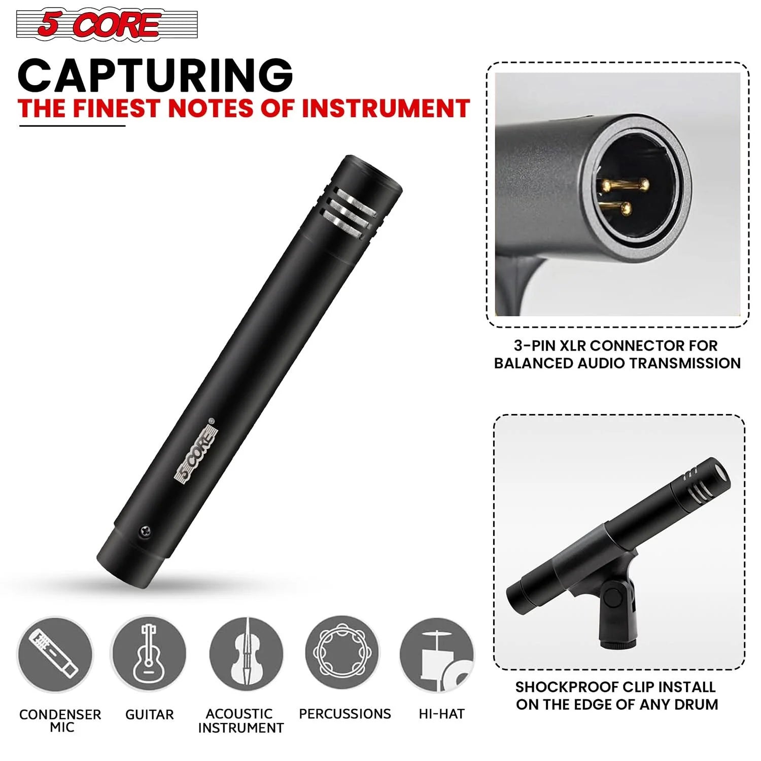 5Core Instrument Microphone Professional XLR Cardioid Pencil Stick
