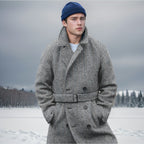 Fall Winter Men Mid-length Woolen Plaid Double Breasted Cotton Padded