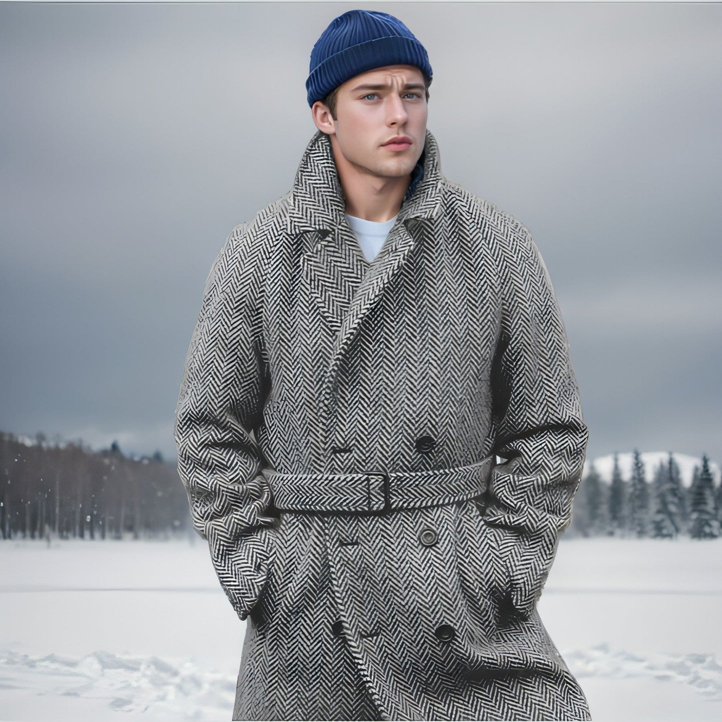 Fall Winter Men Mid-length Woolen Plaid Double Breasted Cotton Padded