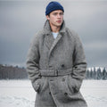 Fall Winter Men Mid-length Woolen Plaid Double Breasted Cotton Padded