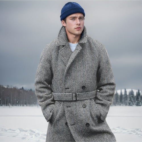 Fall Winter Men Mid-length Woolen Plaid Double Breasted Cotton Padded