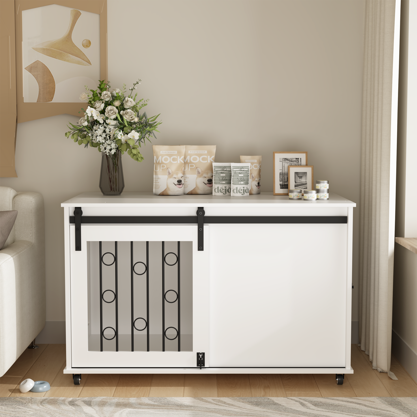 Modern Wooden Dog Crate Furniture with Sliding Barn Door – MDF Indoor