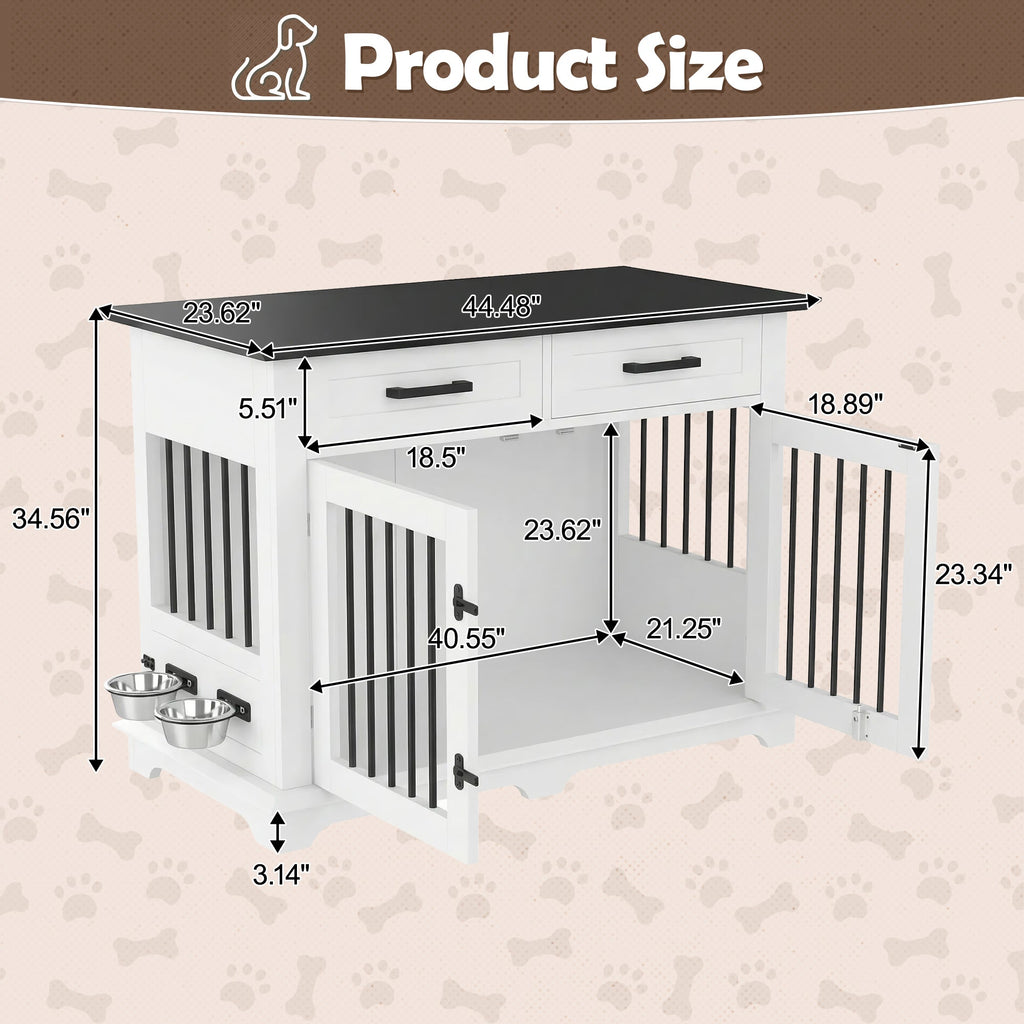 44.48" Wooden Dog Crate Furniture with Storage Drawers and Rotating