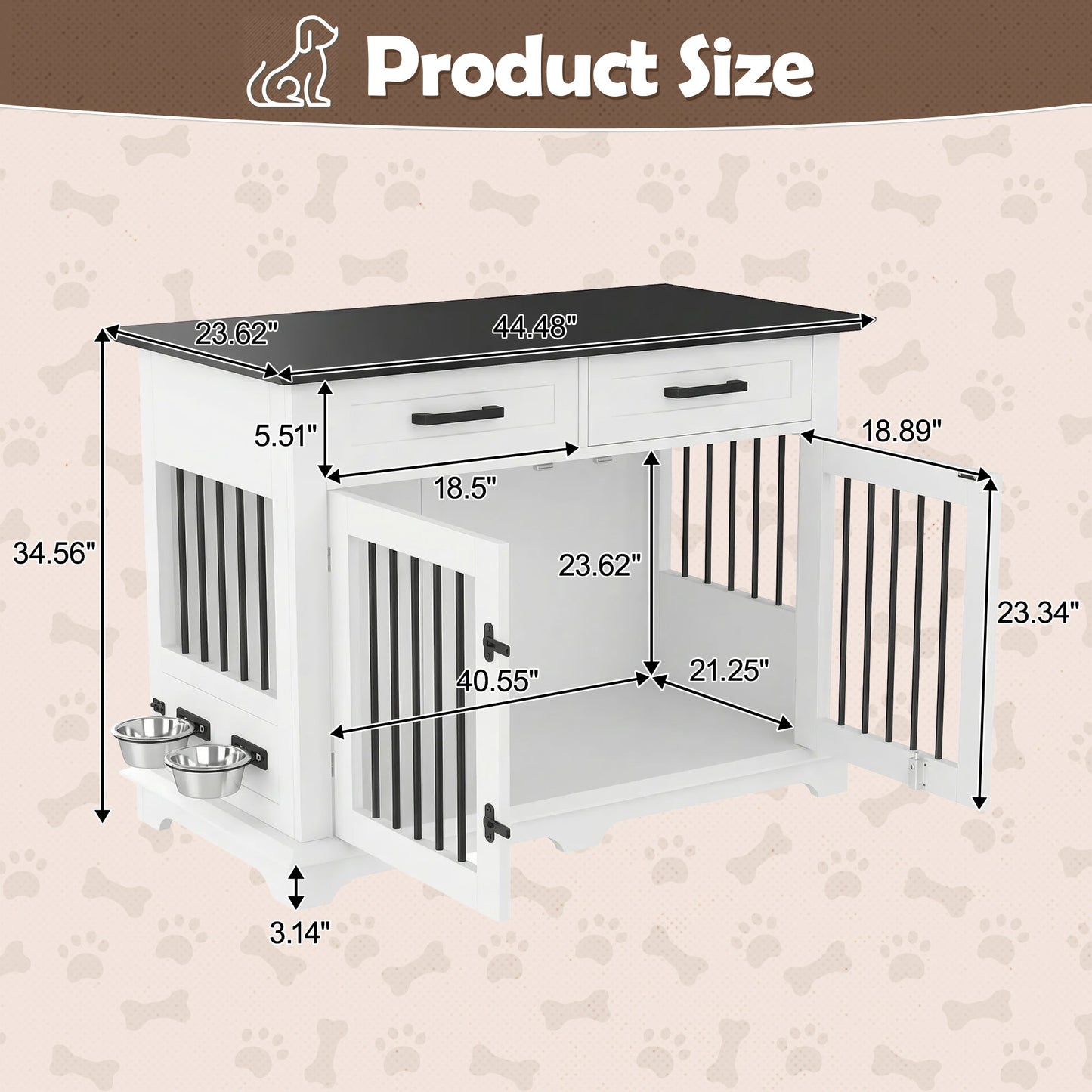 44.48" Wooden Dog Crate Furniture with Storage Drawers and Rotating