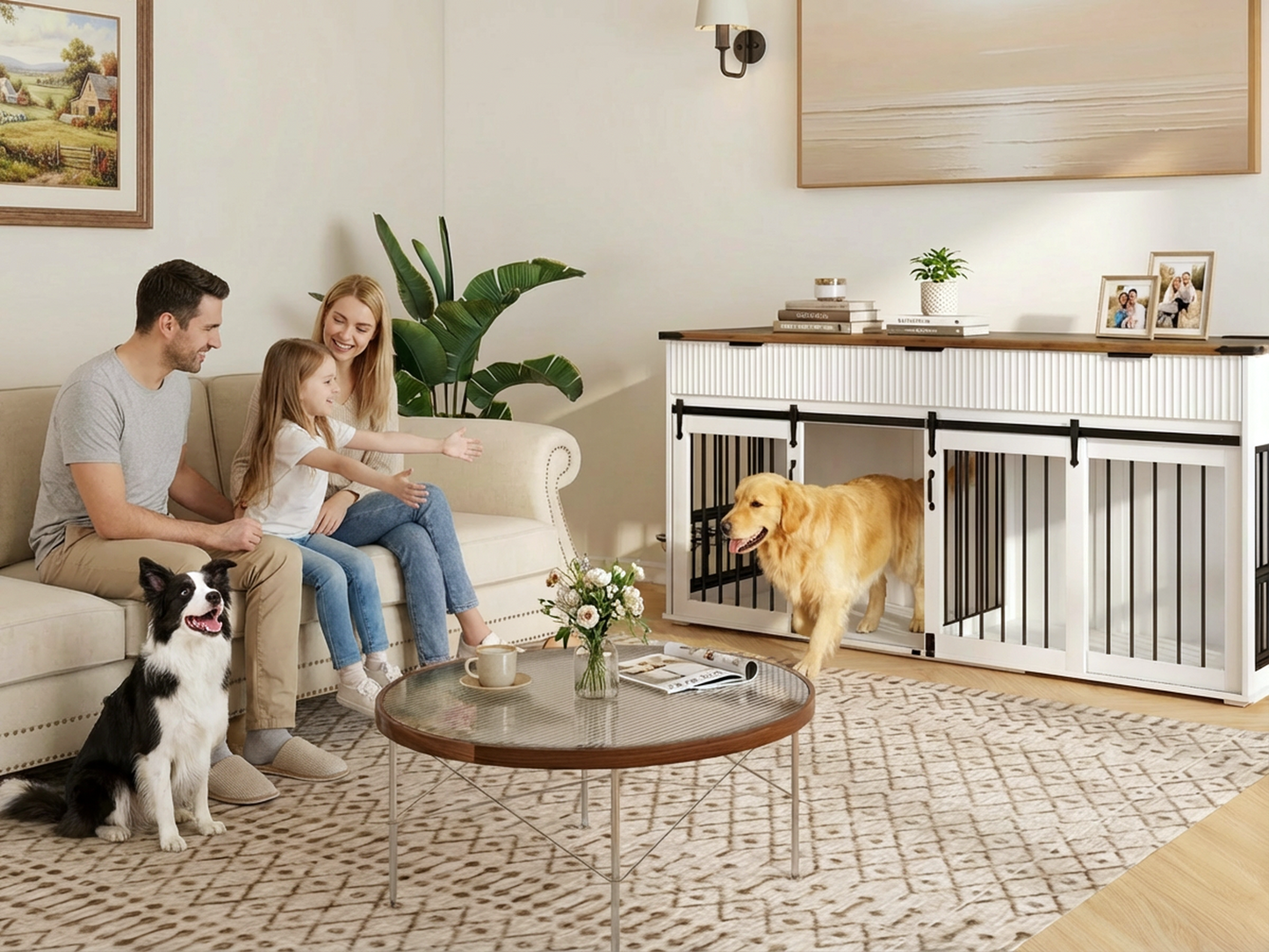 71" Double Dog Crate Furniture with Fluted Drawers – Large Wooden Dog