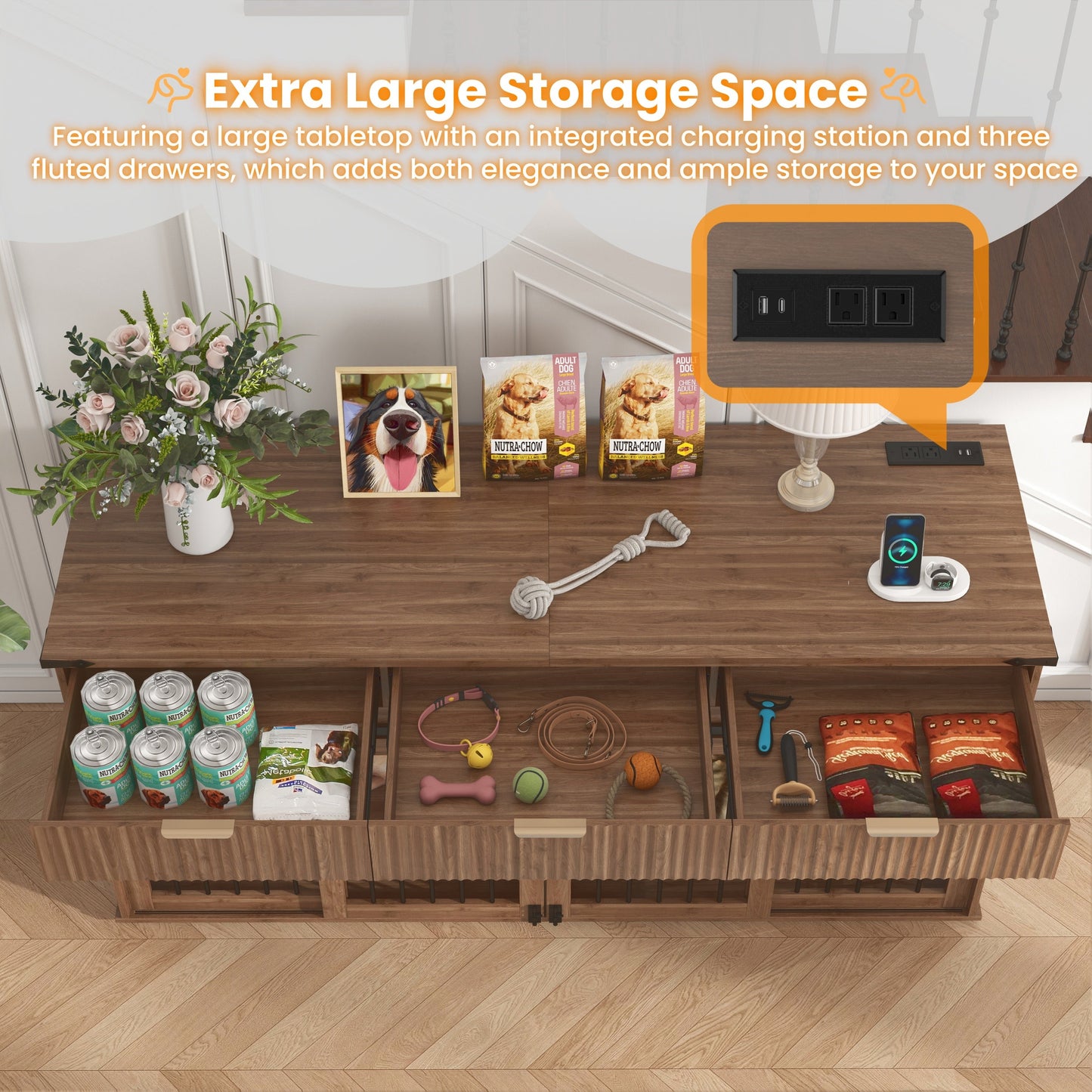 71" Double Dog Crate Furniture with Fluted Drawers – Large Wooden Dog
