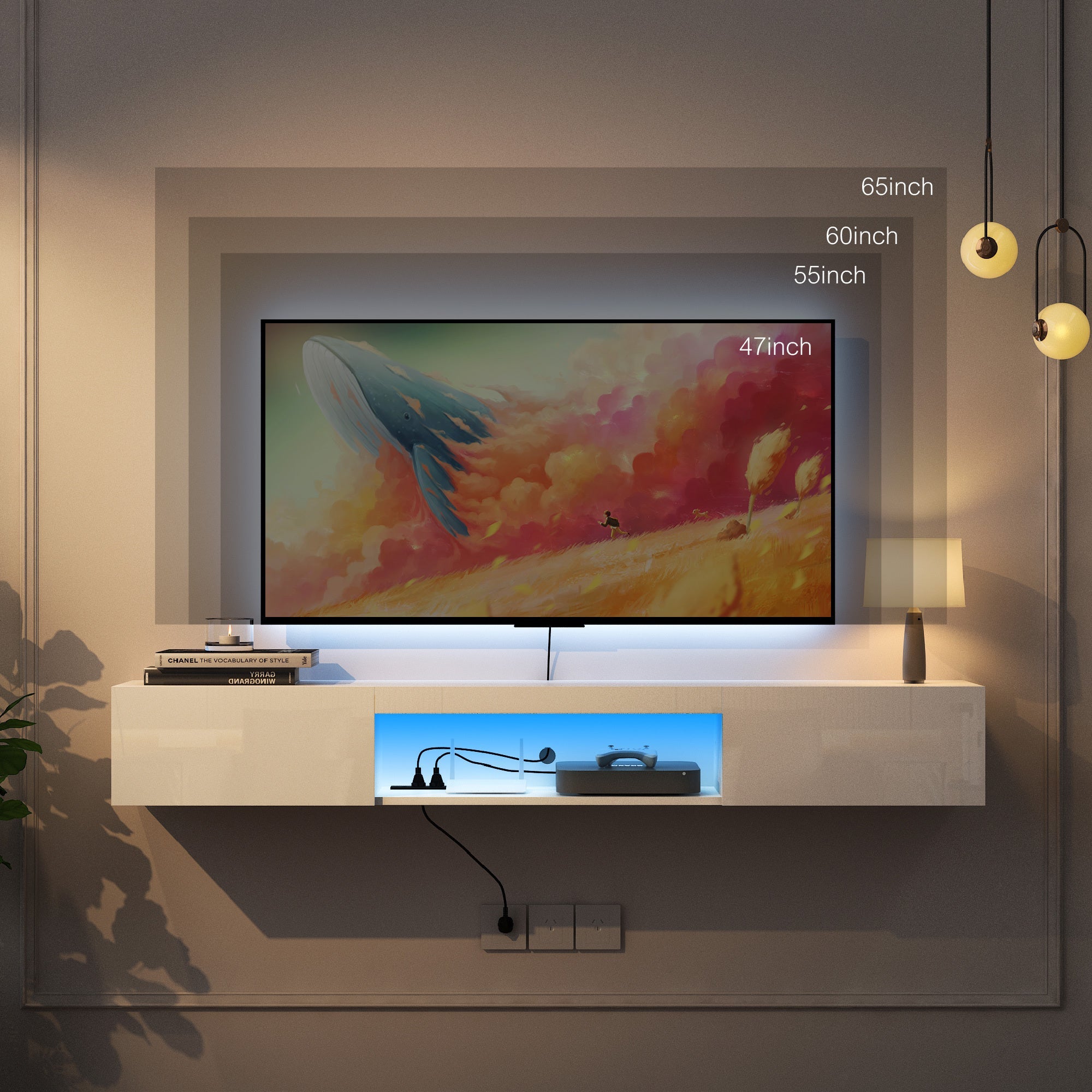 LumiWall™ – Floating TV Wall Shelf with 16-Color LED Lights for 55–65"