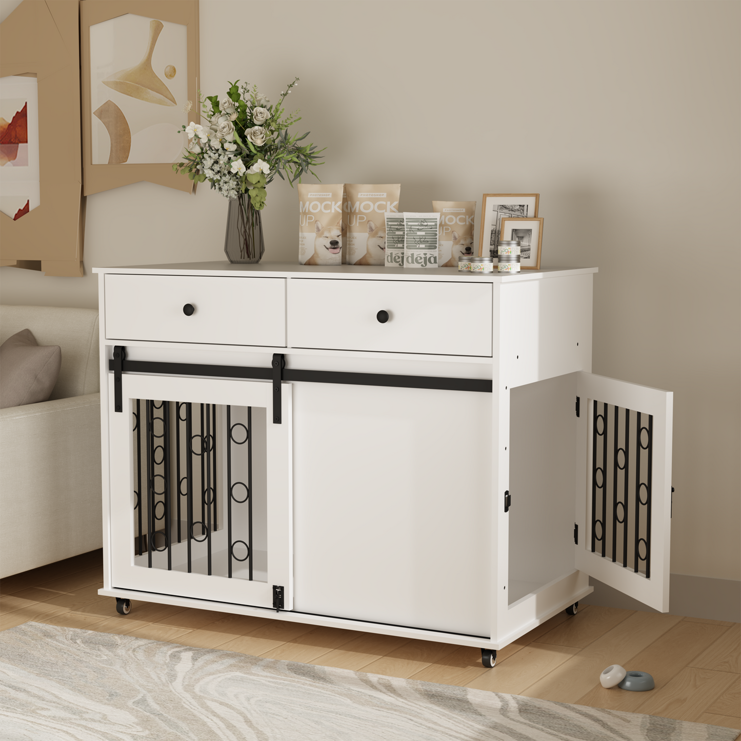 Modern Wooden Dog Crate Furniture with Sliding Barn Door – MDF Indoor