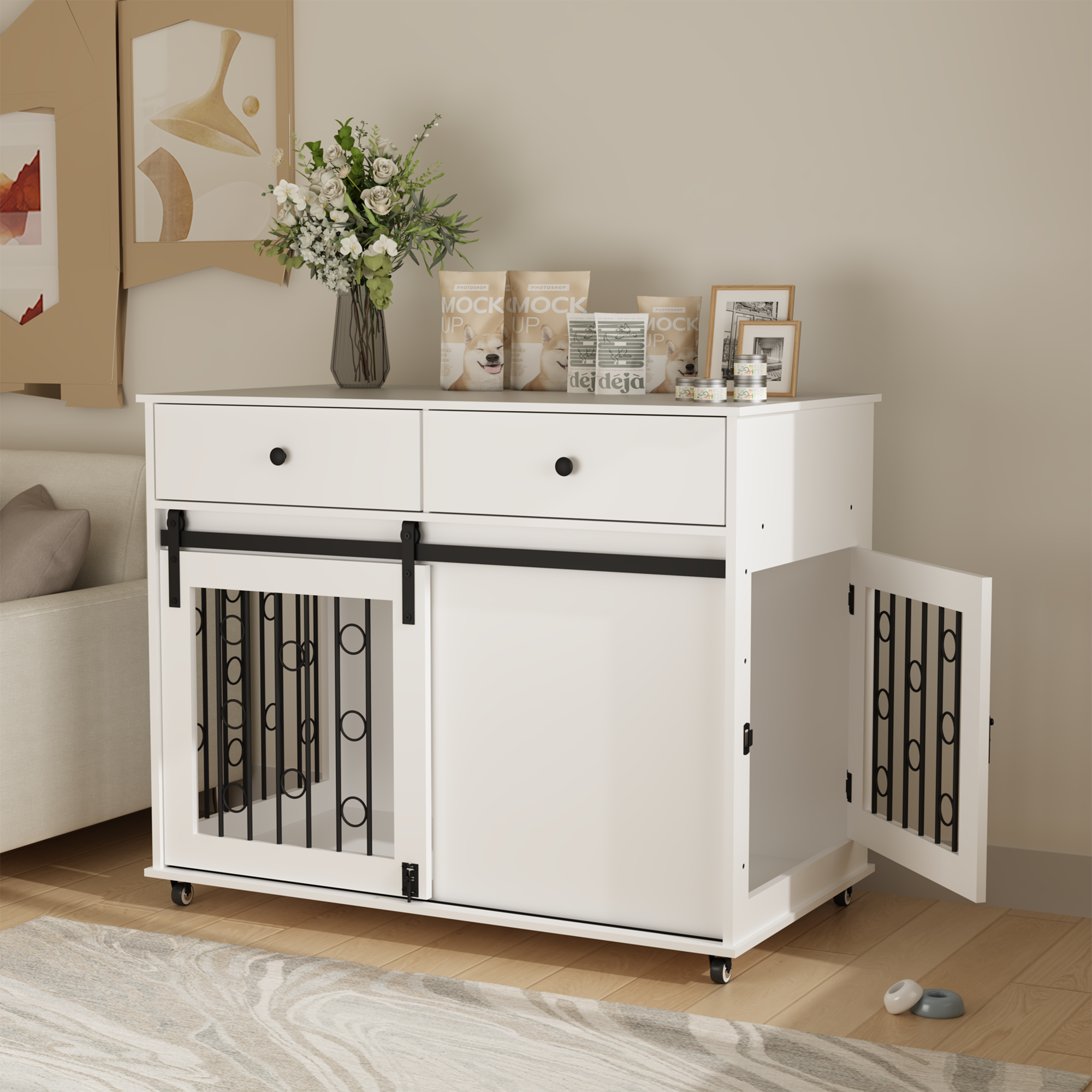 Modern Wooden Dog Crate Furniture with Sliding Barn Door – MDF Indoor