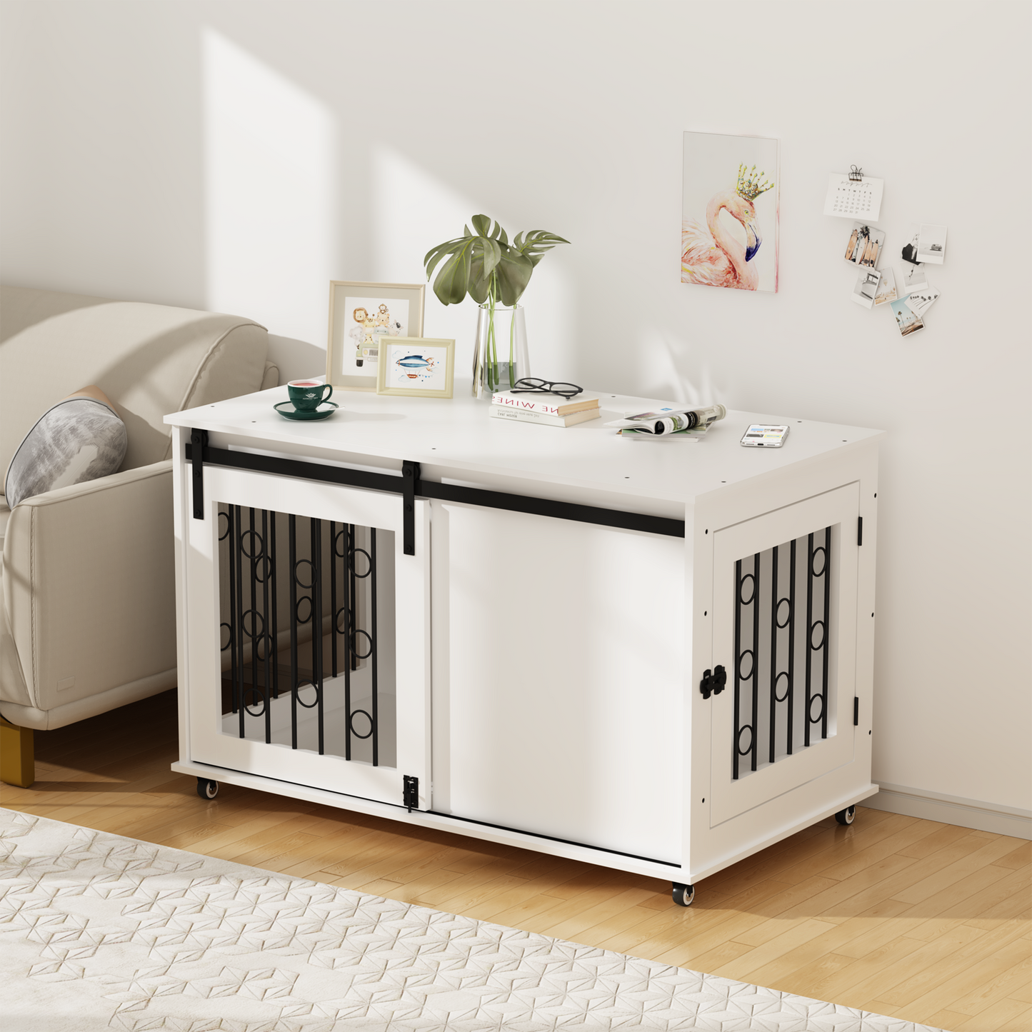 Modern Wooden Dog Crate Furniture with Sliding Barn Door – MDF Indoor