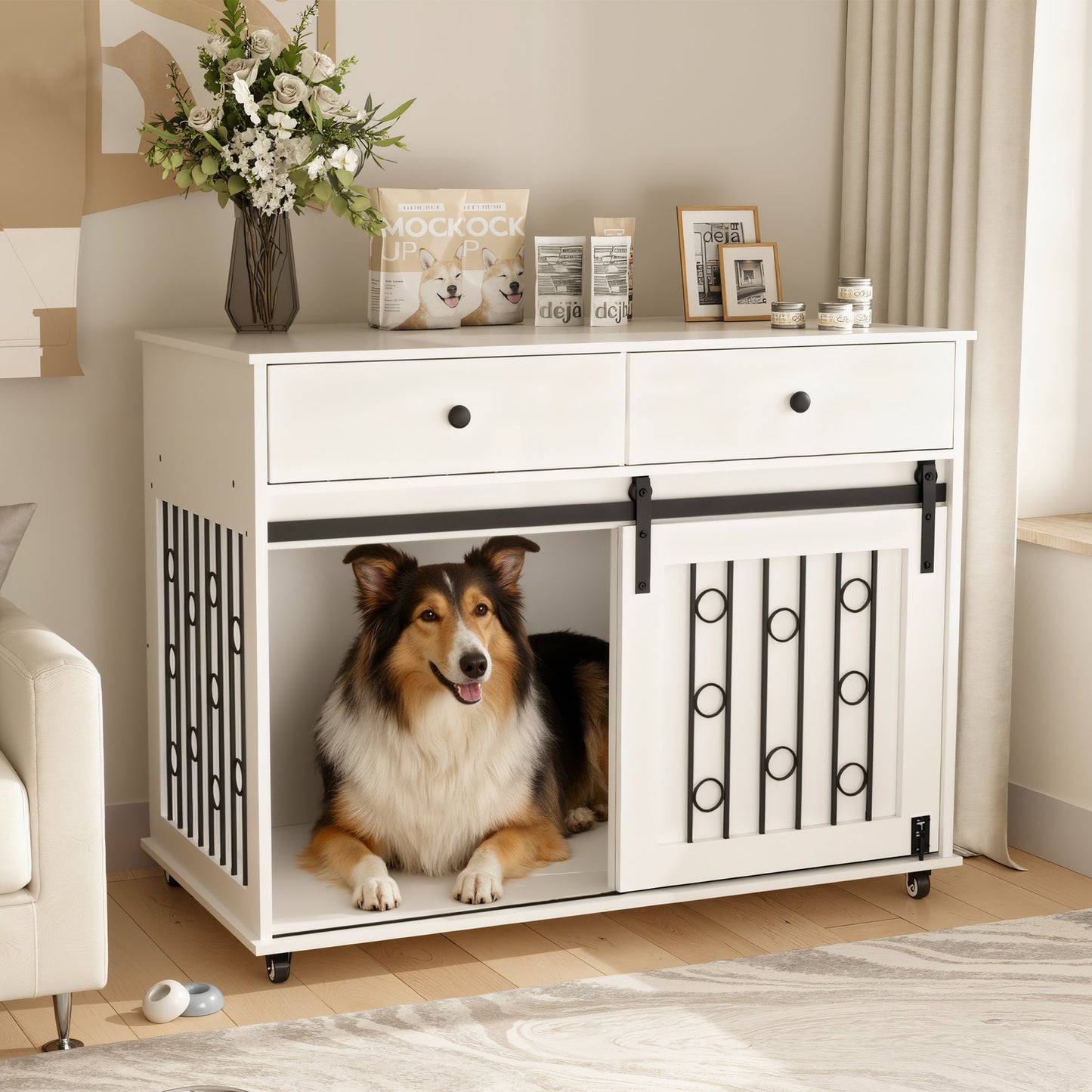 Modern Wooden Dog Crate Furniture with Sliding Barn Door – MDF Indoor