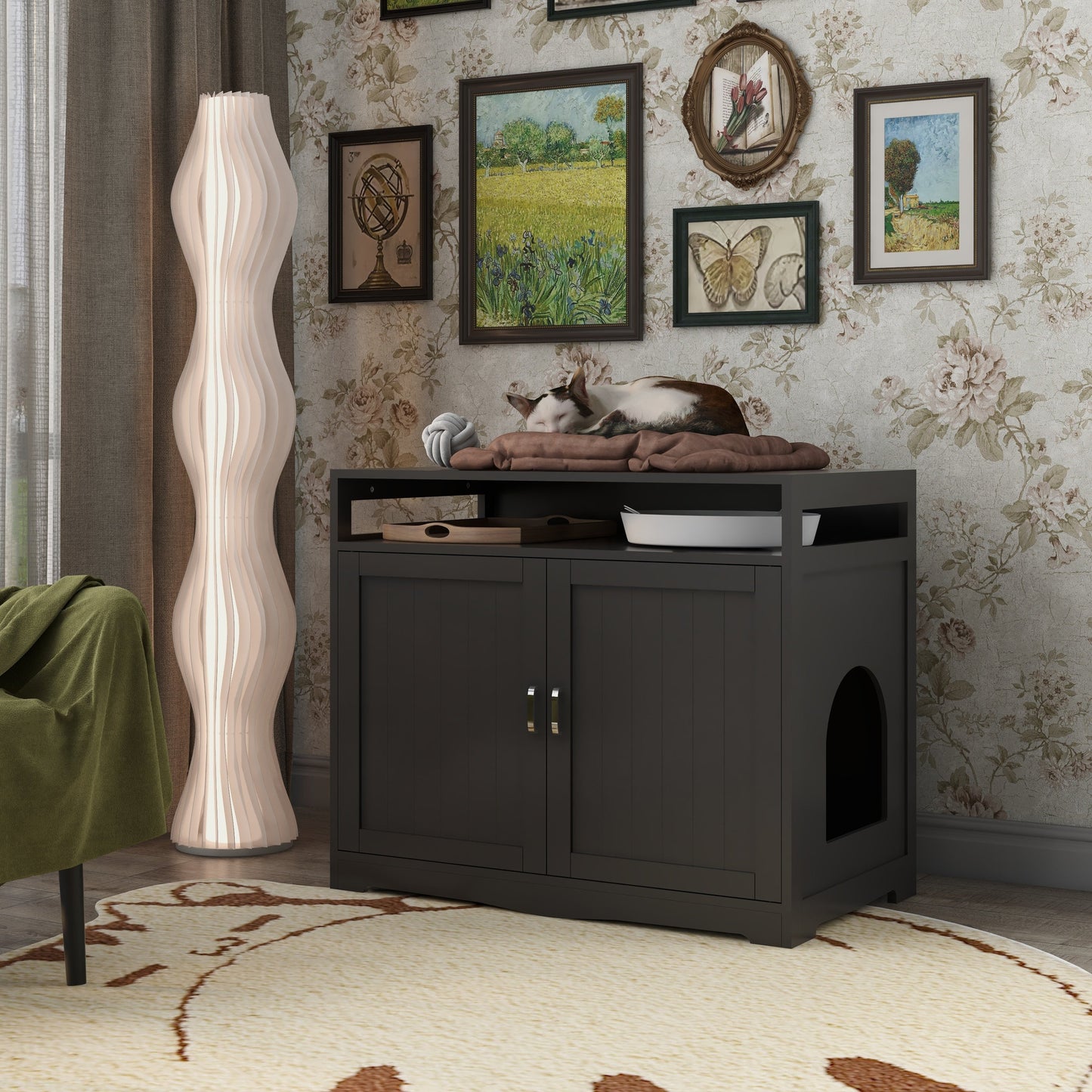 Hidden Cat Litter Box Furniture with Storage Bench , Wooden Pet House