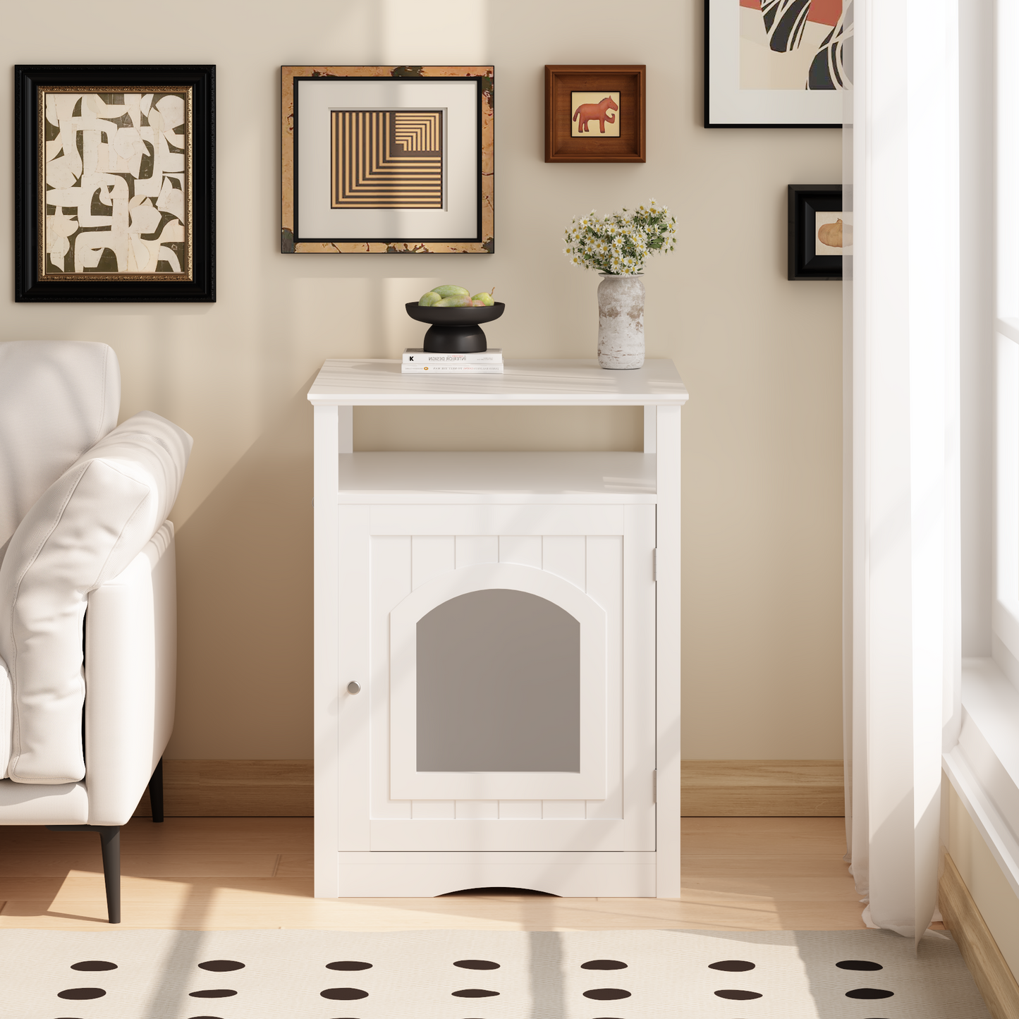 Modern Cat Litter Box Enclosure Furniture – White Wooden Hidden Cat