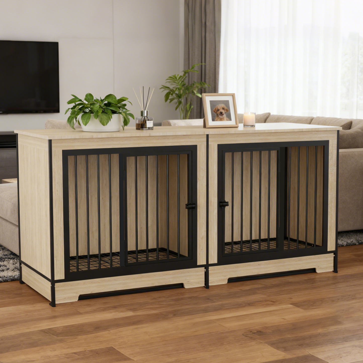 XL Double Dog Crate Furniture – Wooden Dog Kennel with Two