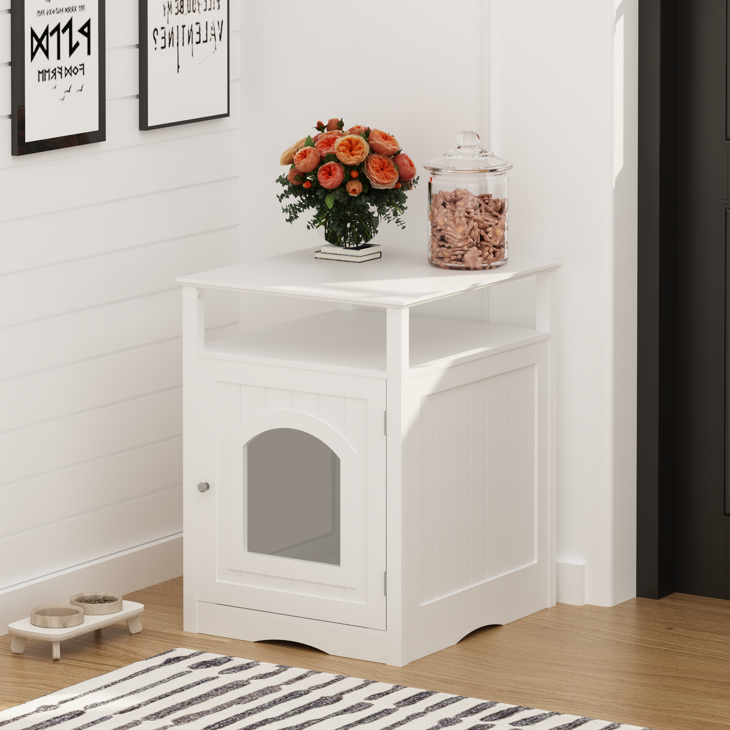 Modern Cat Litter Box Enclosure Furniture – White Wooden Hidden Cat