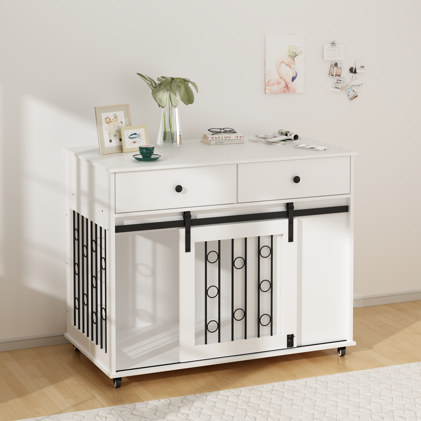 Modern Wooden Dog Crate Furniture with Sliding Barn Door – MDF Indoor
