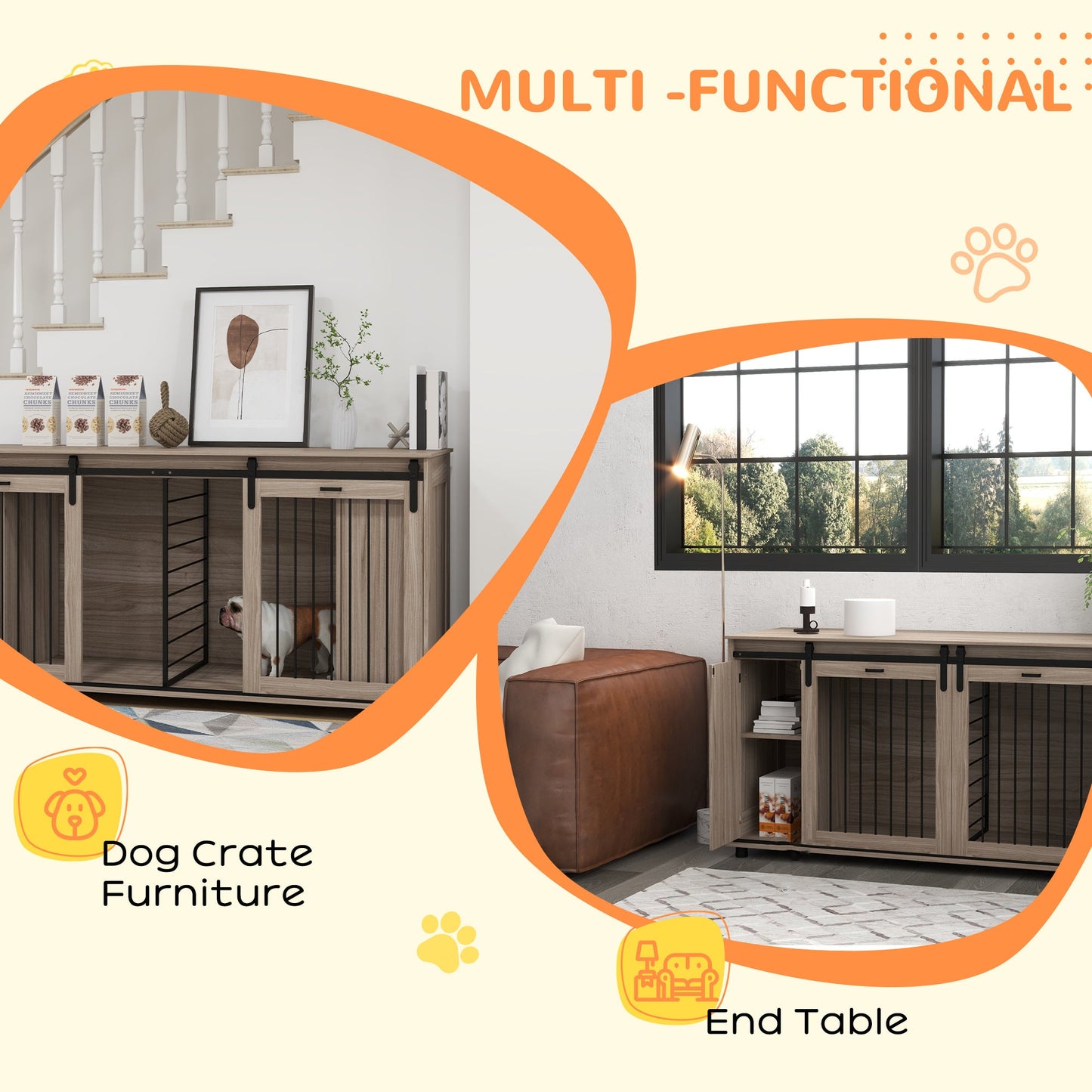 71" Modern Dog Kennel Furniture with Removable Divider, Storage for 2