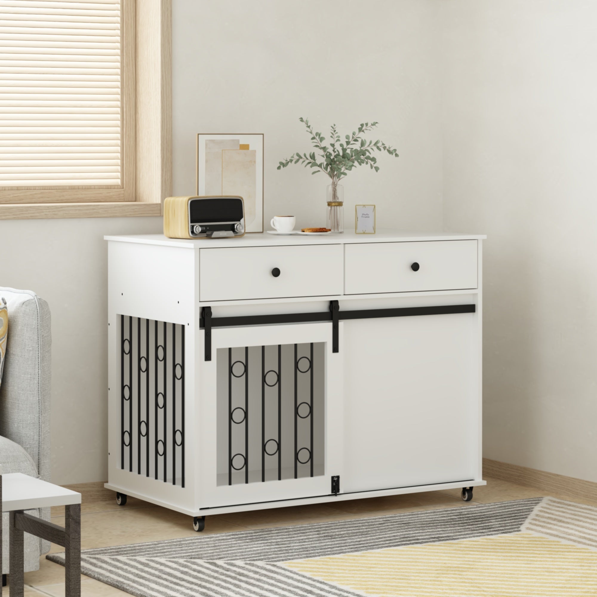 Modern Wooden Dog Crate Furniture with Sliding Barn Door – MDF Indoor