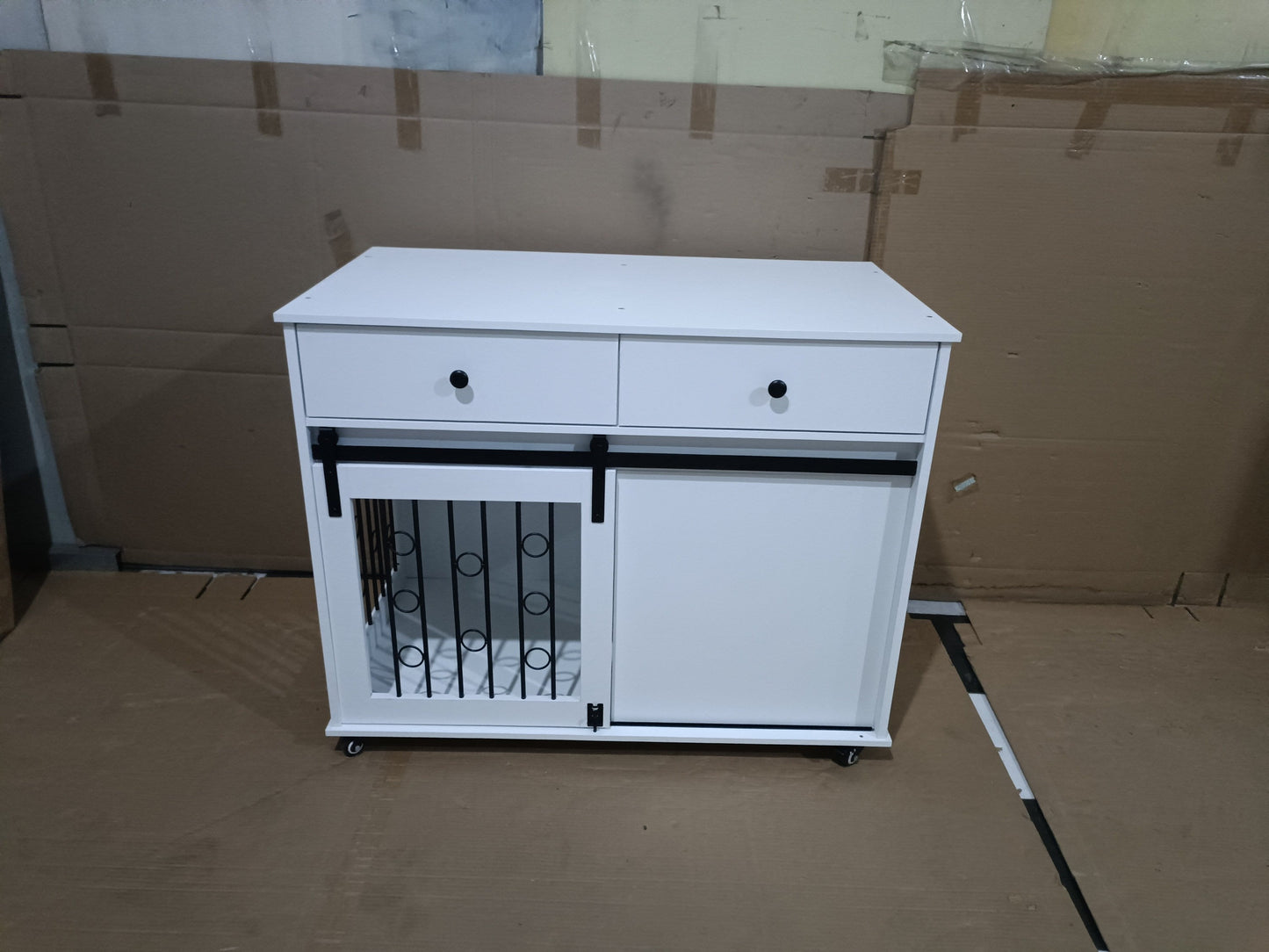 Modern Wooden Dog Crate Furniture with Sliding Barn Door – MDF Indoor