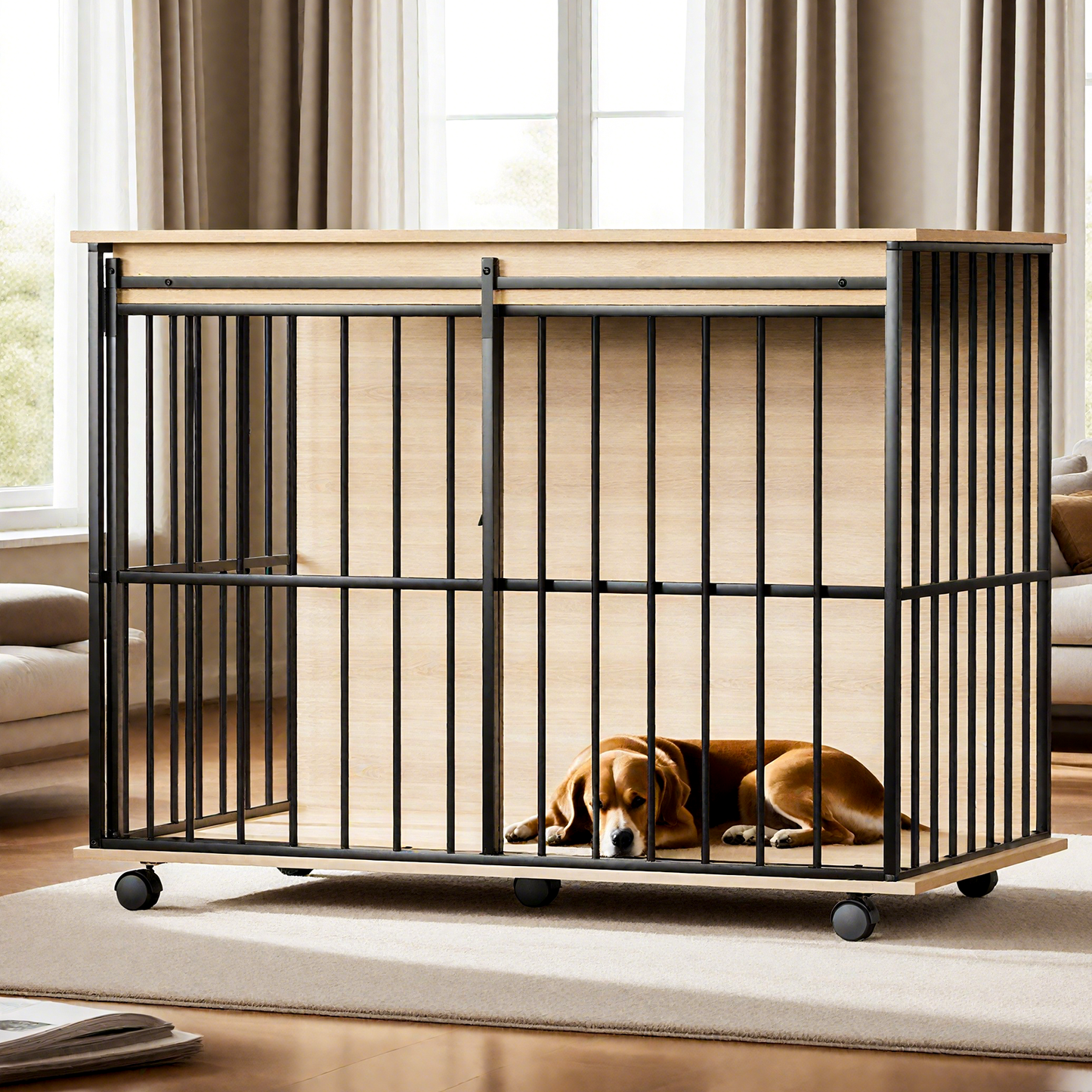 Large Wooden Dog Crate Furniture with Tray , Indoor Pet Kennel Side