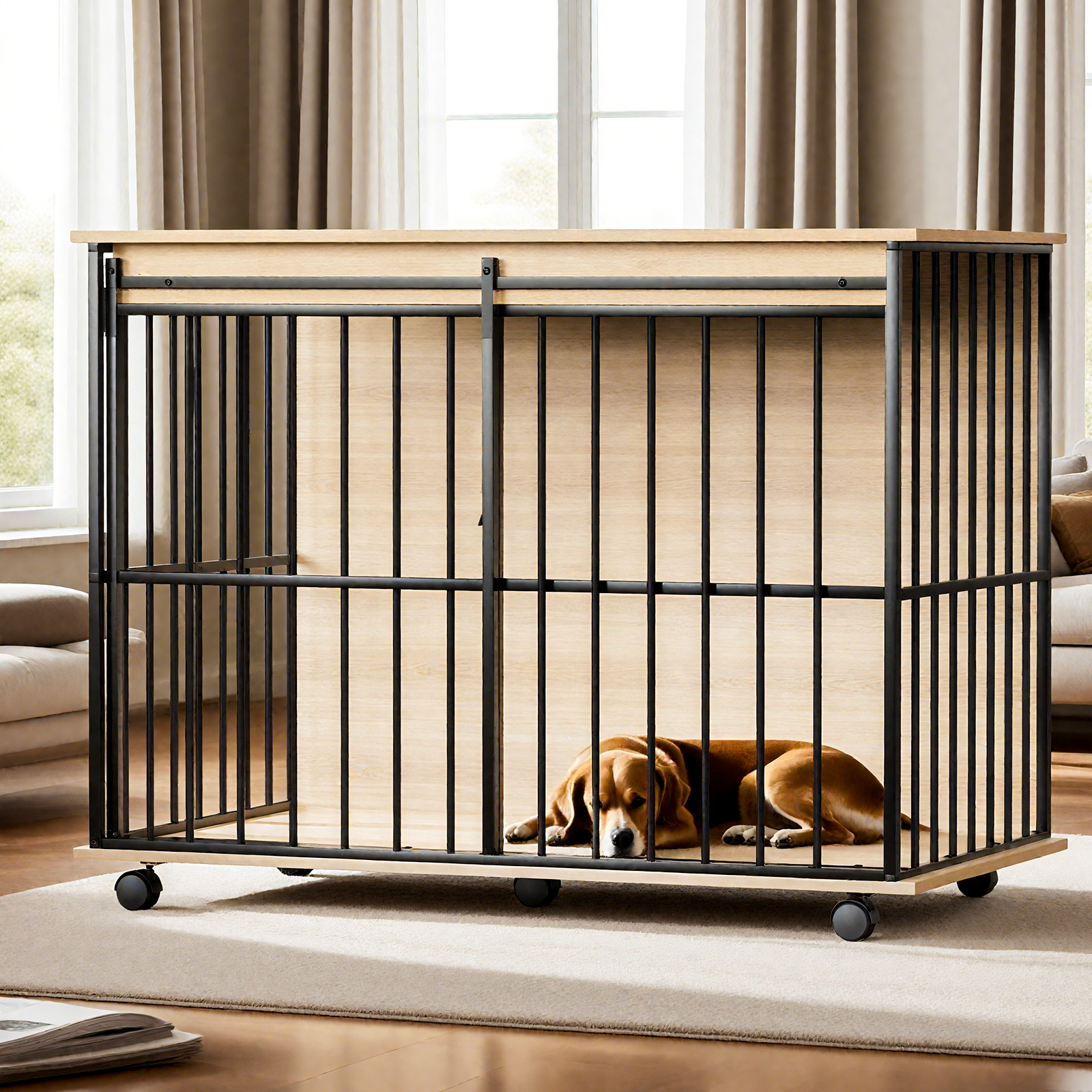 Large Wooden Dog Crate Furniture with Tray , Indoor Pet Kennel Side