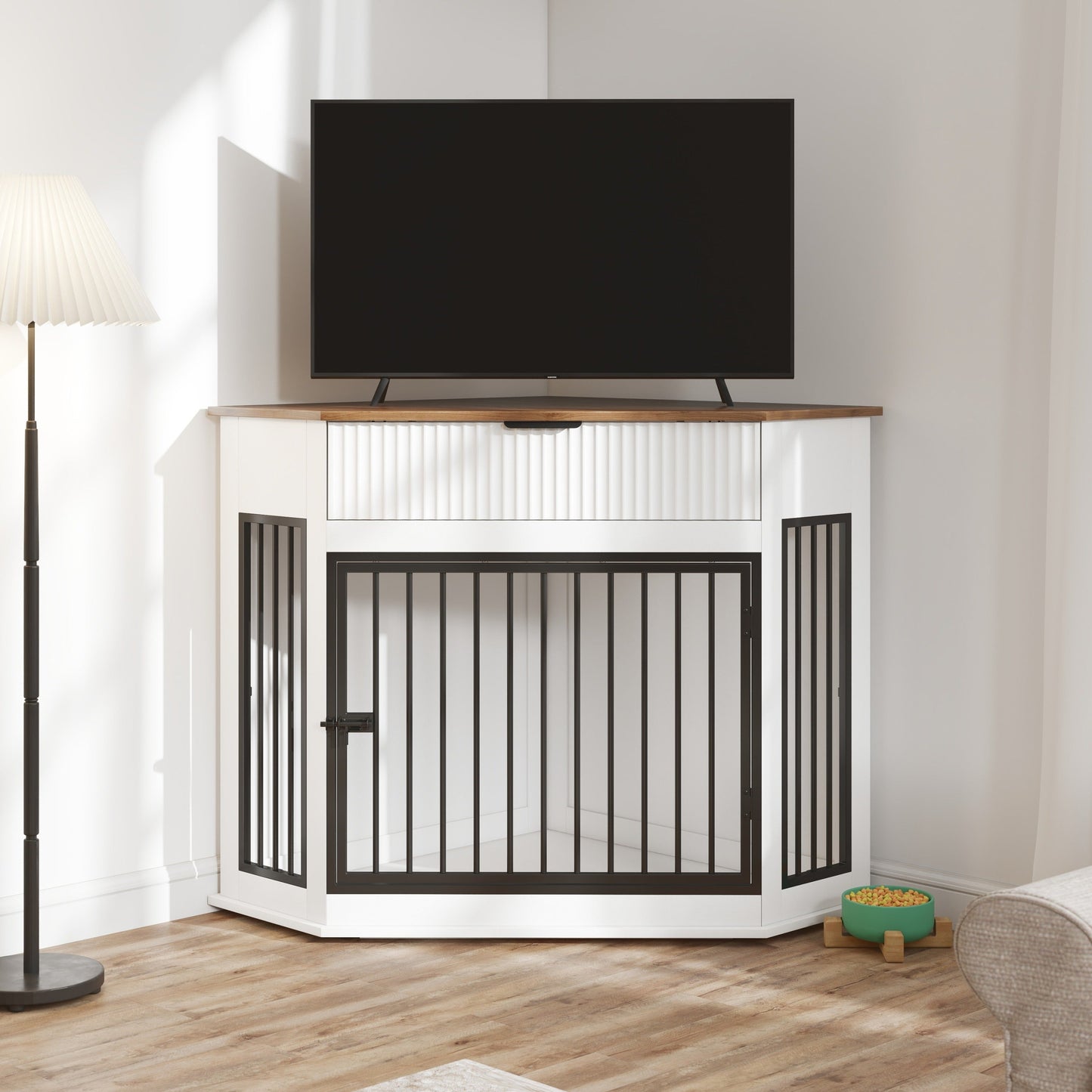 44.6" Corner Dog Crate Furniture with Fluted Drawer – MDF Wooden Dog