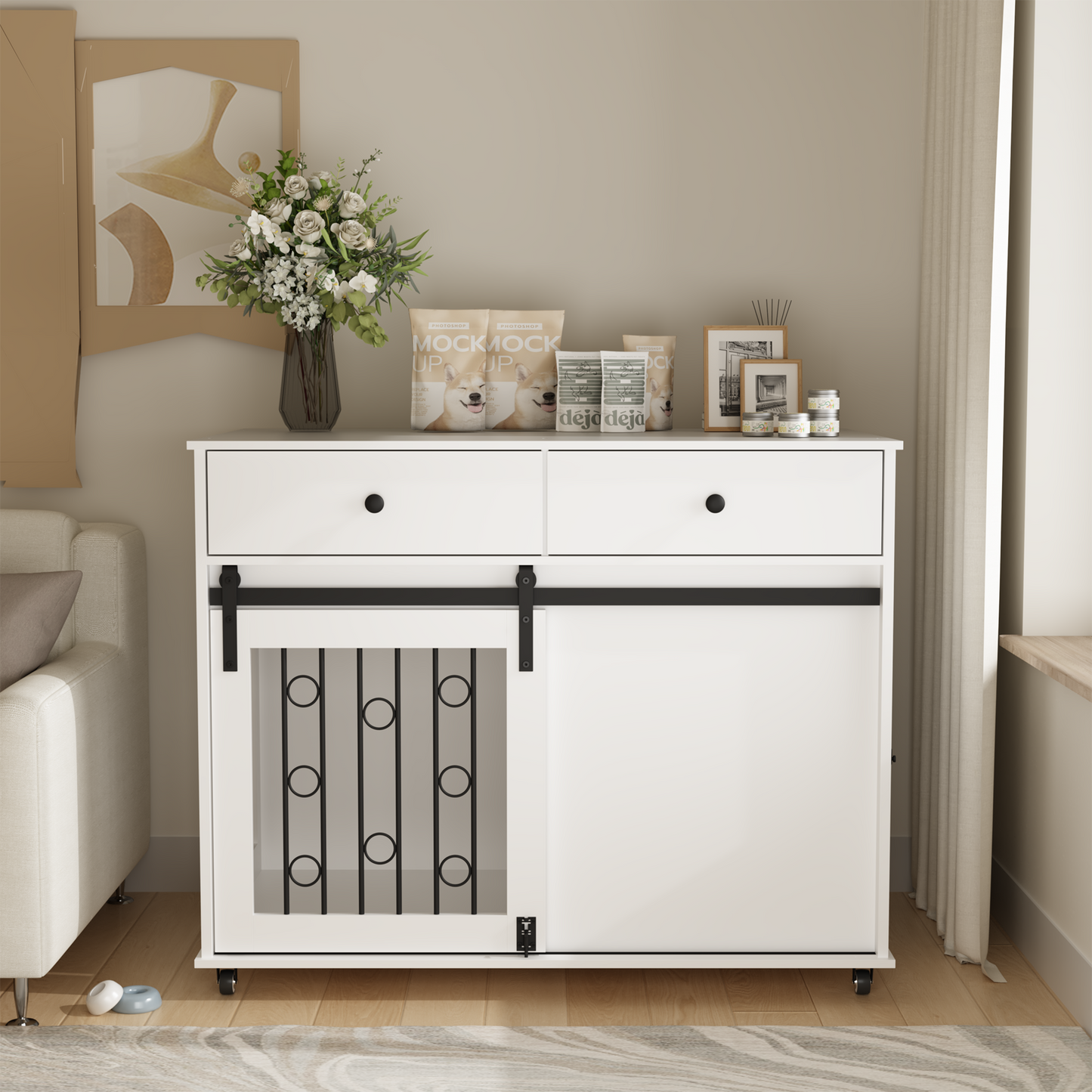 Modern Wooden Dog Crate Furniture with Sliding Barn Door – MDF Indoor