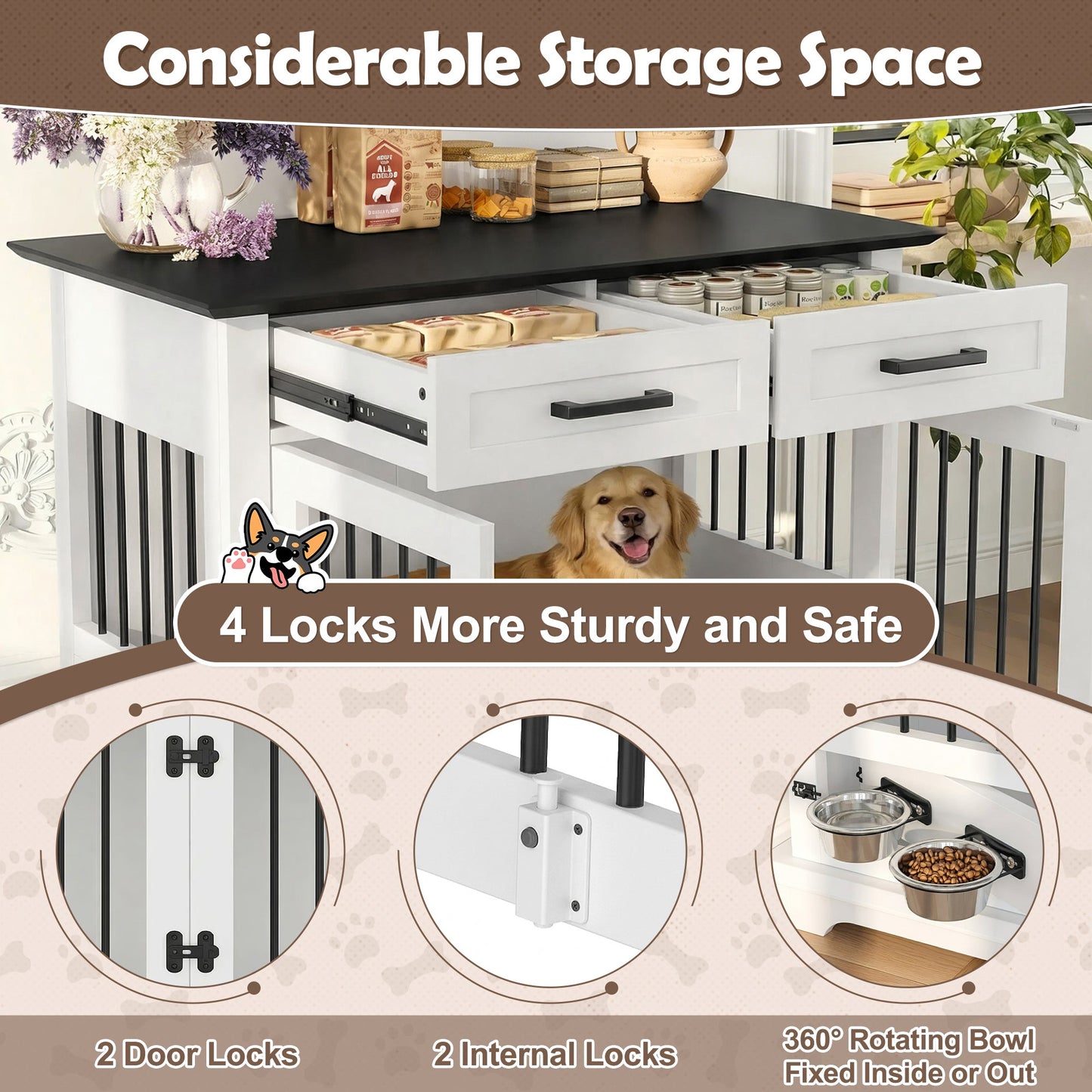 44.48" Wooden Dog Crate Furniture with Storage Drawers and Rotating