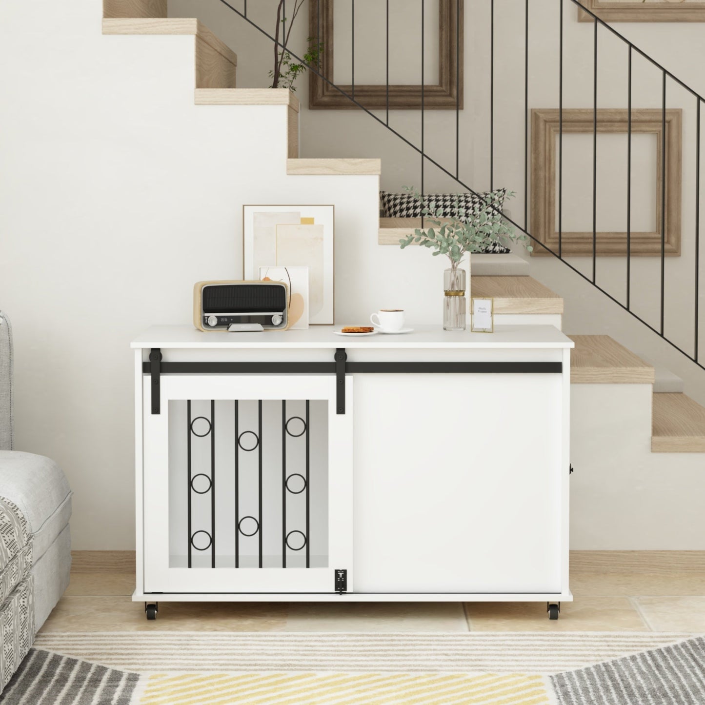 Modern Wooden Dog Crate Furniture with Sliding Barn Door – MDF Indoor