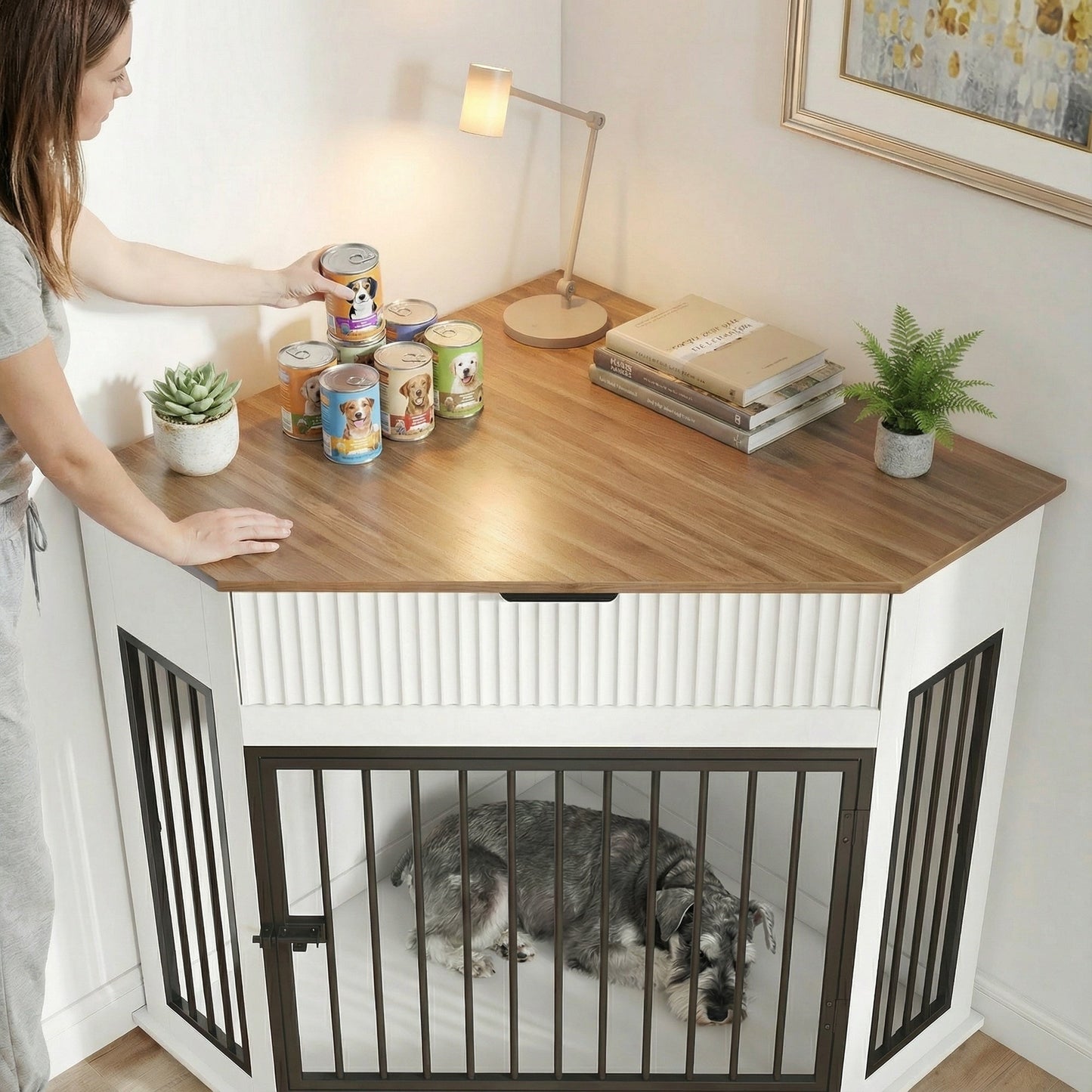 44.6" Corner Dog Crate Furniture with Fluted Drawer – MDF Wooden Dog