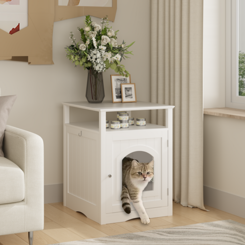 Modern Cat Litter Box Enclosure Furniture – White Wooden Hidden Cat