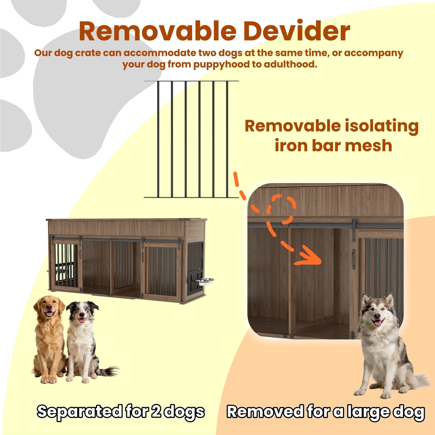 71" Double Dog Crate Furniture with Fluted Drawers – Large Wooden Dog