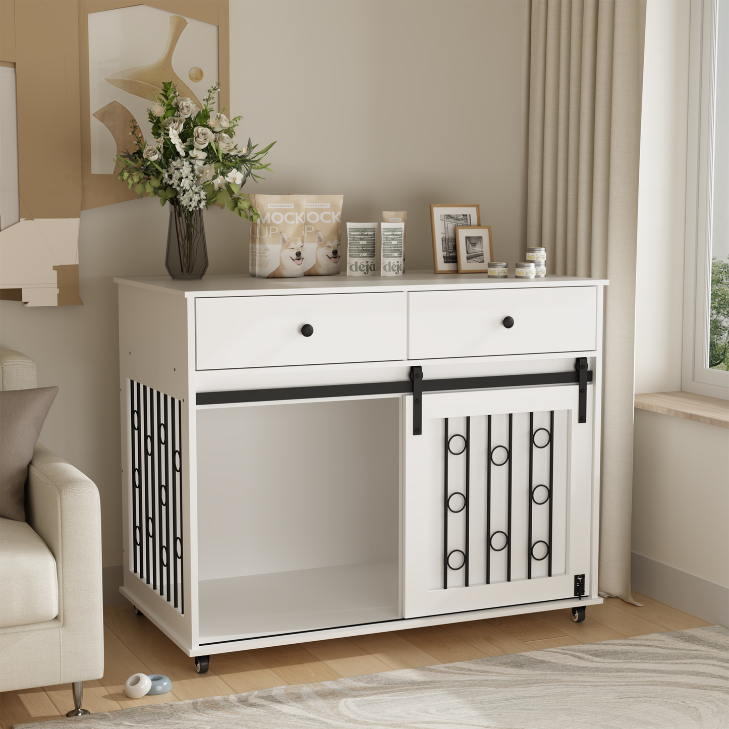 Modern Wooden Dog Crate Furniture with Sliding Barn Door – MDF Indoor