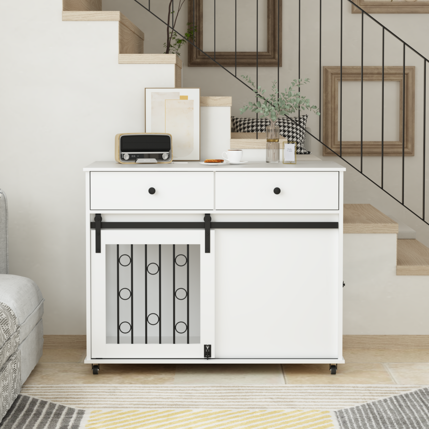 Modern Wooden Dog Crate Furniture with Sliding Barn Door – MDF Indoor