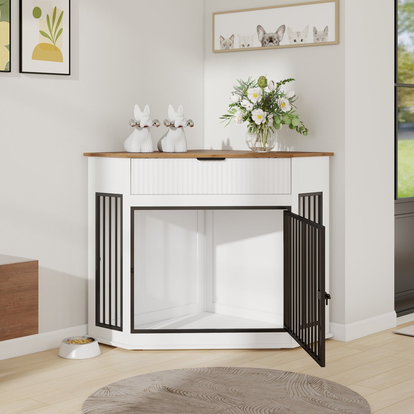 44.6" Corner Dog Crate Furniture with Fluted Drawer – MDF Wooden Dog