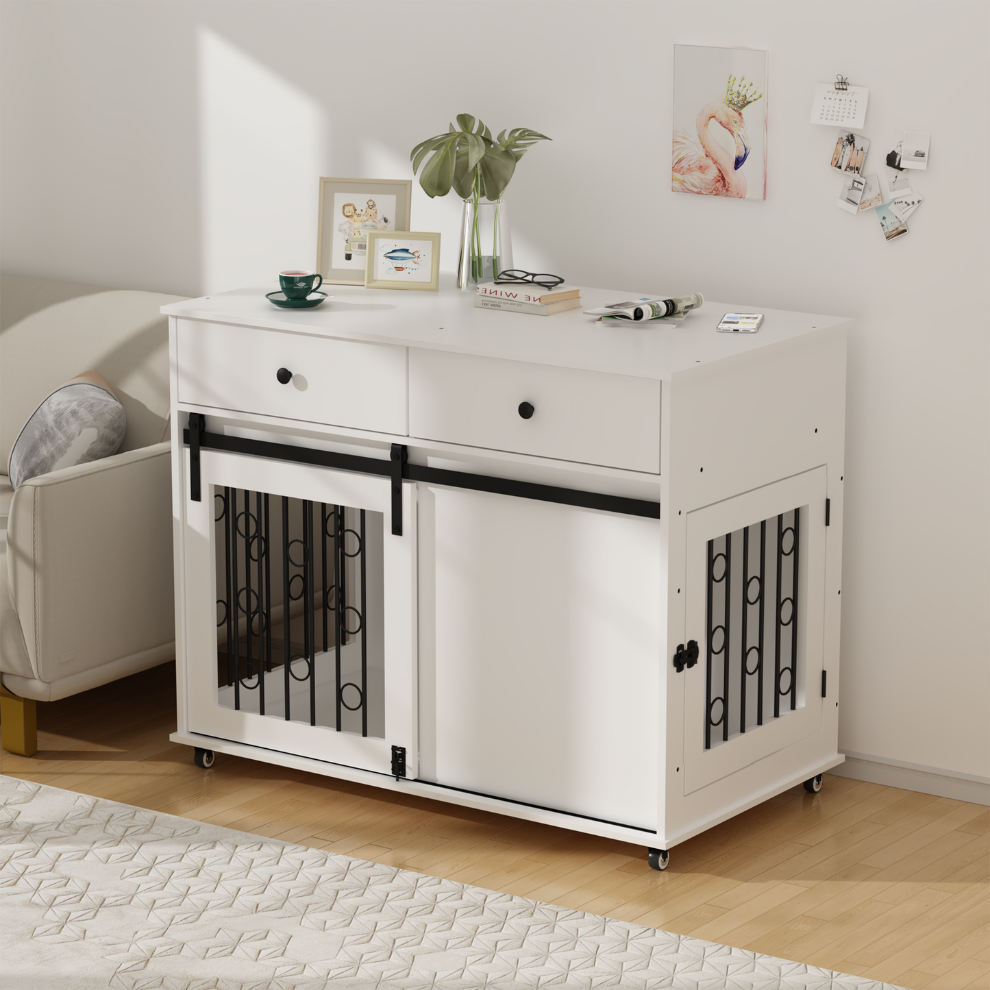 Modern Wooden Dog Crate Furniture with Sliding Barn Door – MDF Indoor