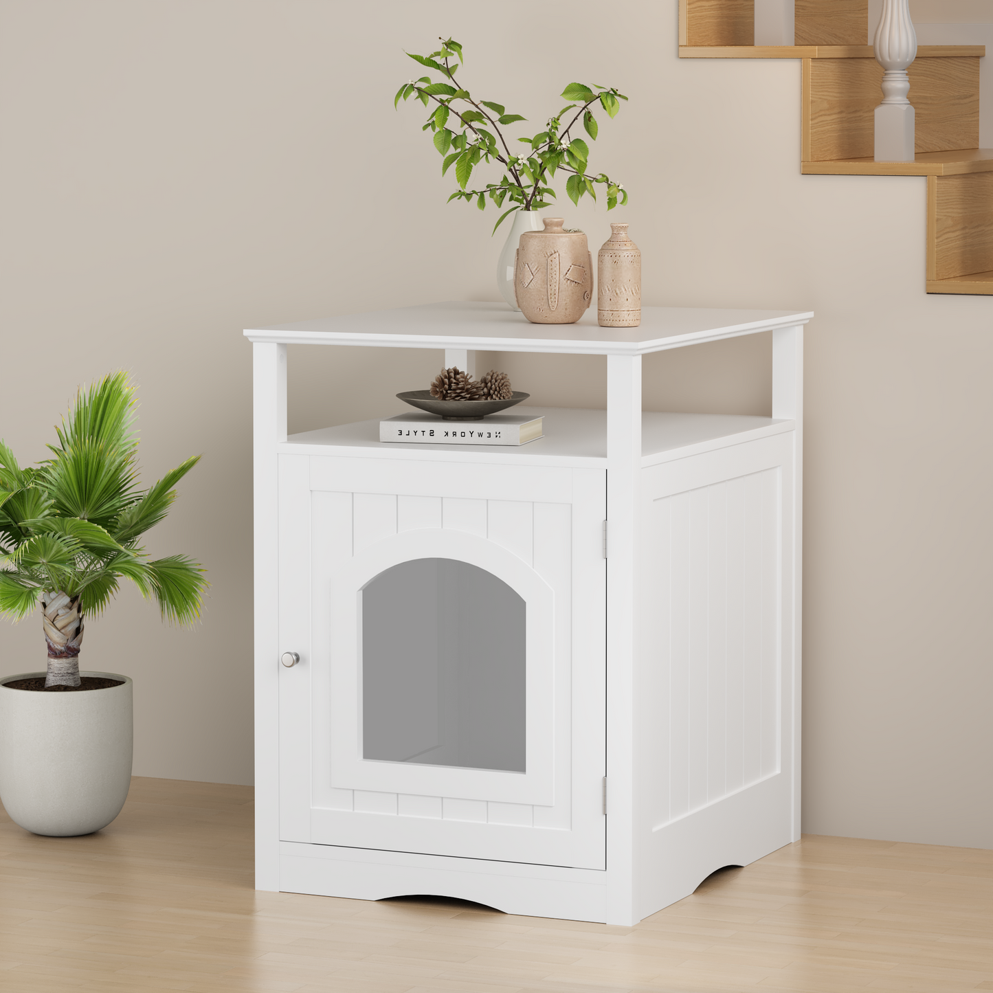 Modern Cat Litter Box Enclosure Furniture – White Wooden Hidden Cat