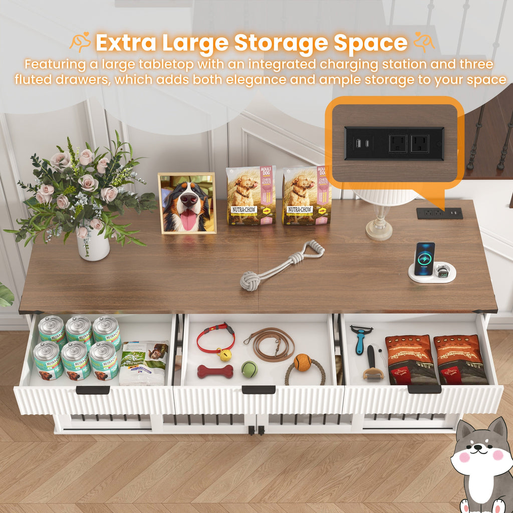 71" Double Dog Crate Furniture with Fluted Drawers – Large Wooden Dog