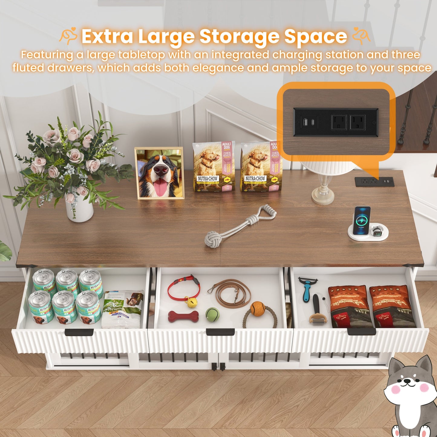 71" Double Dog Crate Furniture with Fluted Drawers – Large Wooden Dog