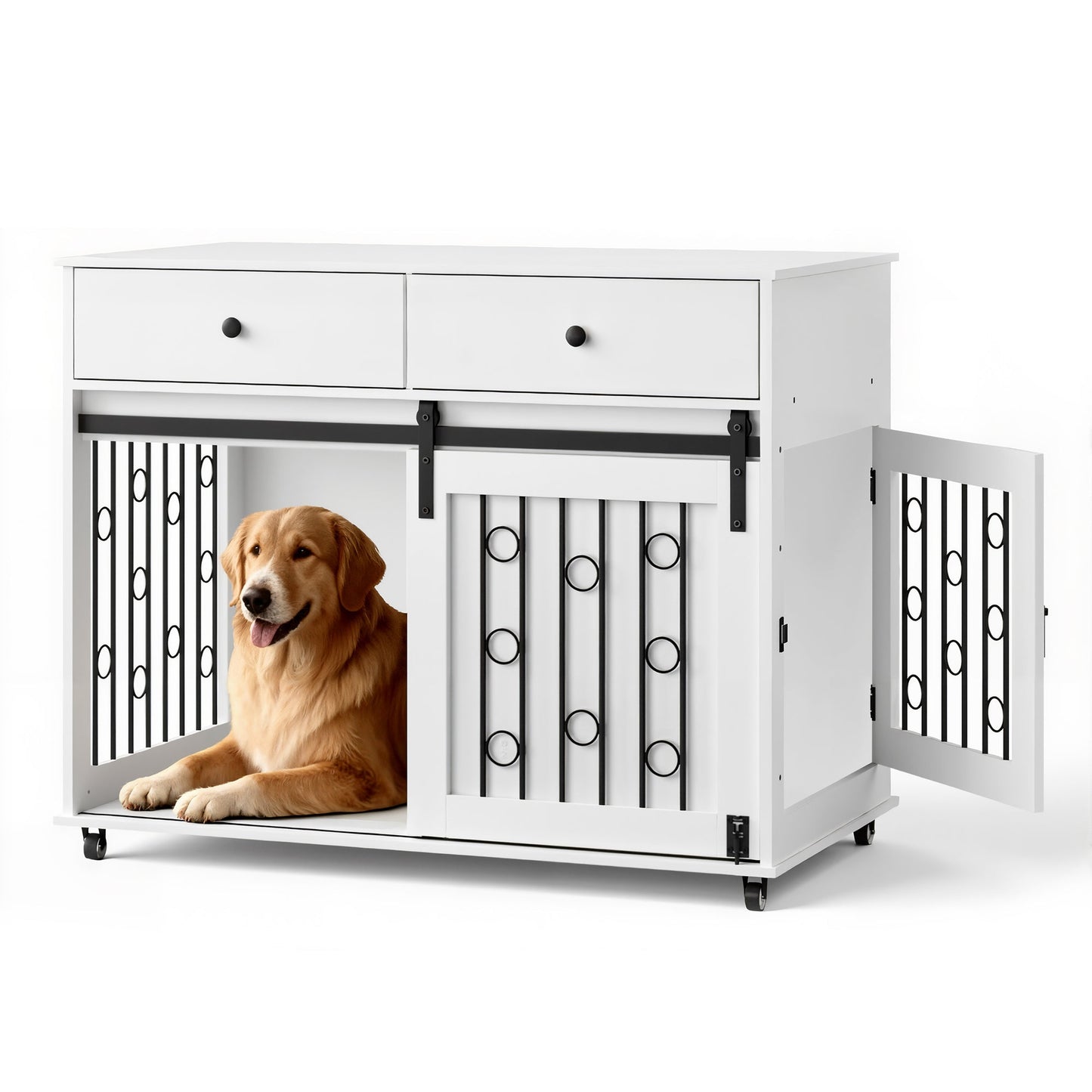 Modern Wooden Dog Crate Furniture with Sliding Barn Door – MDF Indoor