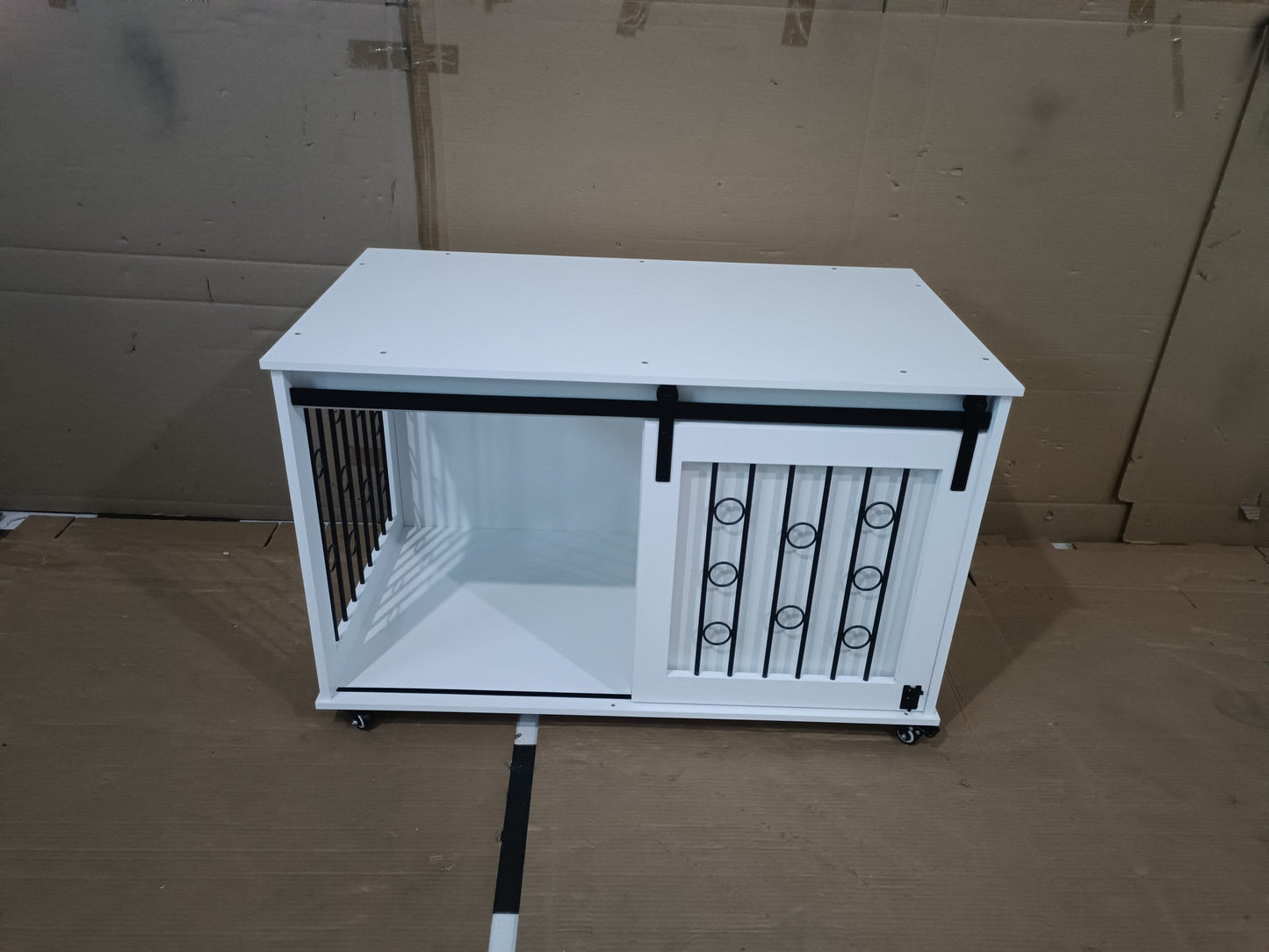 Modern Wooden Dog Crate Furniture with Sliding Barn Door – MDF Indoor