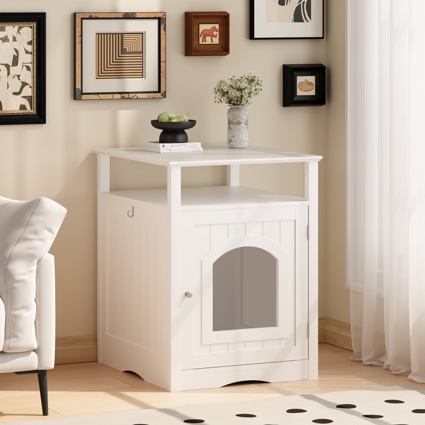 Modern Cat Litter Box Enclosure Furniture – White Wooden Hidden Cat