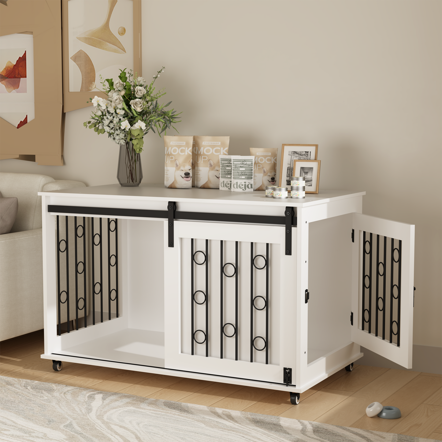 Modern Wooden Dog Crate Furniture with Sliding Barn Door – MDF Indoor