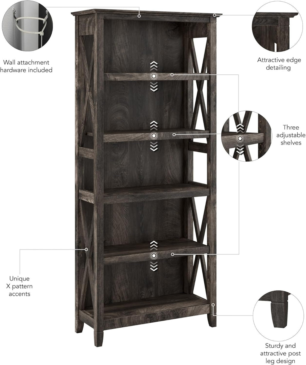 Bush Furniture Tall 5 Shelf Bookcase Dark Gray Hickory