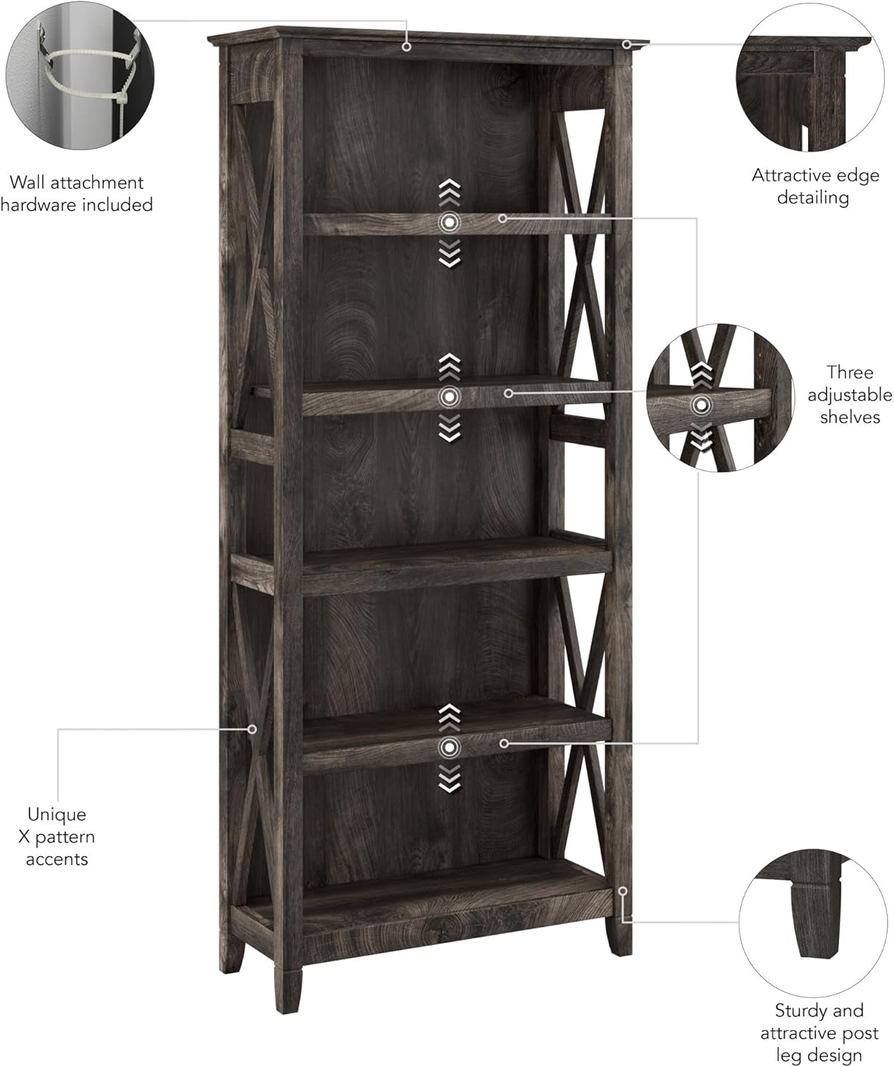 Bush Furniture Tall 5 Shelf Bookcase Dark Gray Hickory