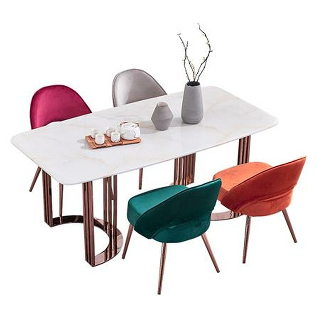 Dining Table DKD Home Decor White Grey Copper Golden Marble Steel 180