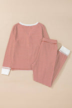 Red Stripe Buttoned V Neck Top and Knotted Waist Pants Lounge Set